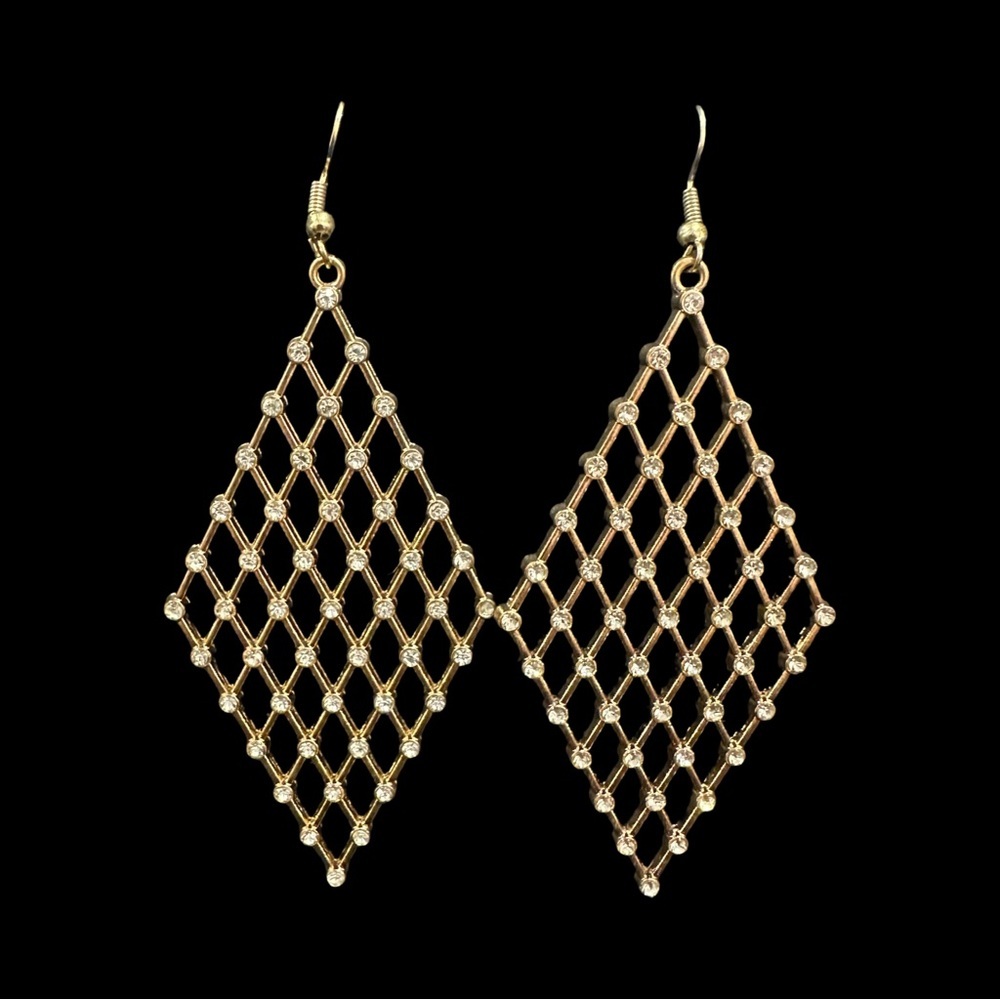 Gold Mesh Diamond-Shaped Dangle Earrings With Rhinestone Accents
